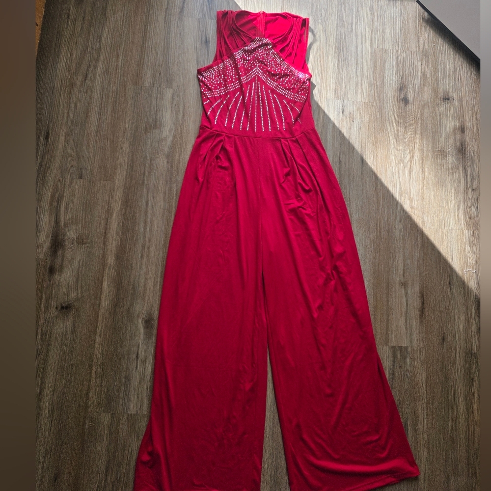 SHEIN Red Beaded Wide-Leg Jumpsuit